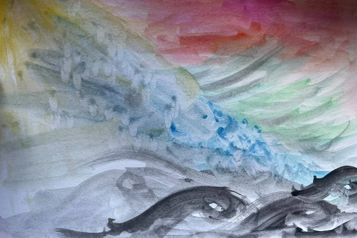 A watercolour and ink painting: dark brushed forms along the base beneath washes of pink, green and blue